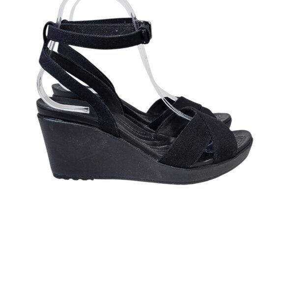CROCS Womens Leigh ll Ankle Strap Wedge Sandals, Black, Size 7 - Picture 7 of 11